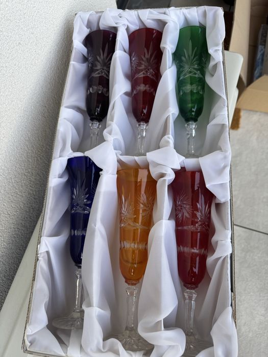 Kolorowe kryształy kieliszki, huta Krystyna, hand madr