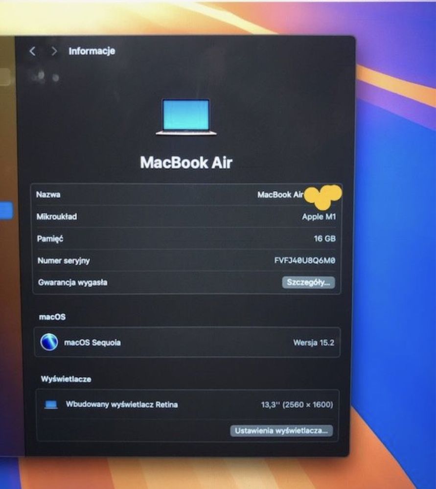 Macbook Air M1 16GB   256Gb gwarancja do 27.09.2025r