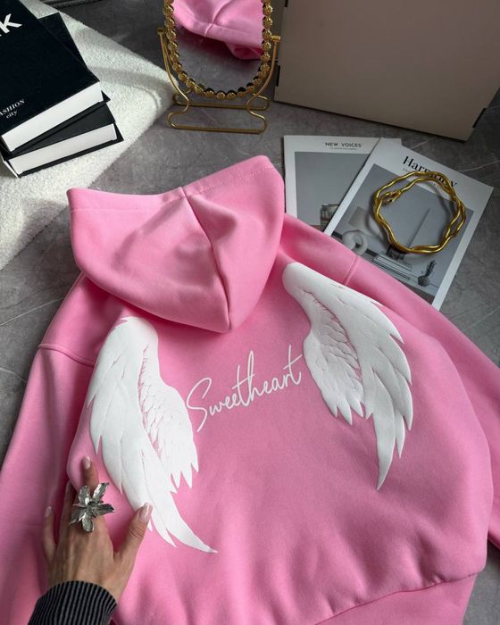 Женское худи на флисе с крыльями розовое Жіноче худі трьохнитка фліс