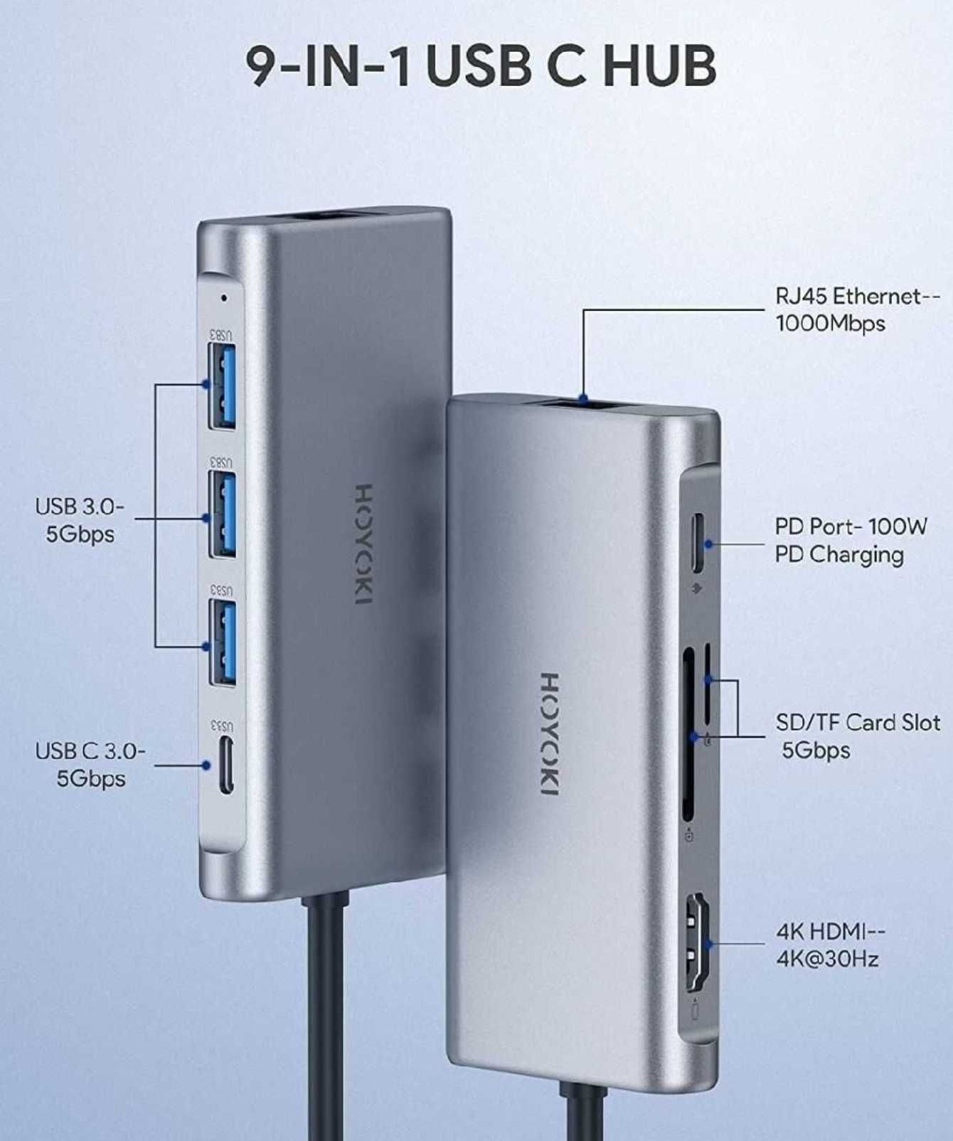 Hoyoki Adapter koncentrator Hub USB-C 9w1 4K 100W Ethernet USB3.0 HDMI