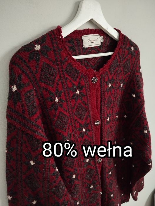 Ciepły sweter kardigan z wełny, bordo oversize  r. L