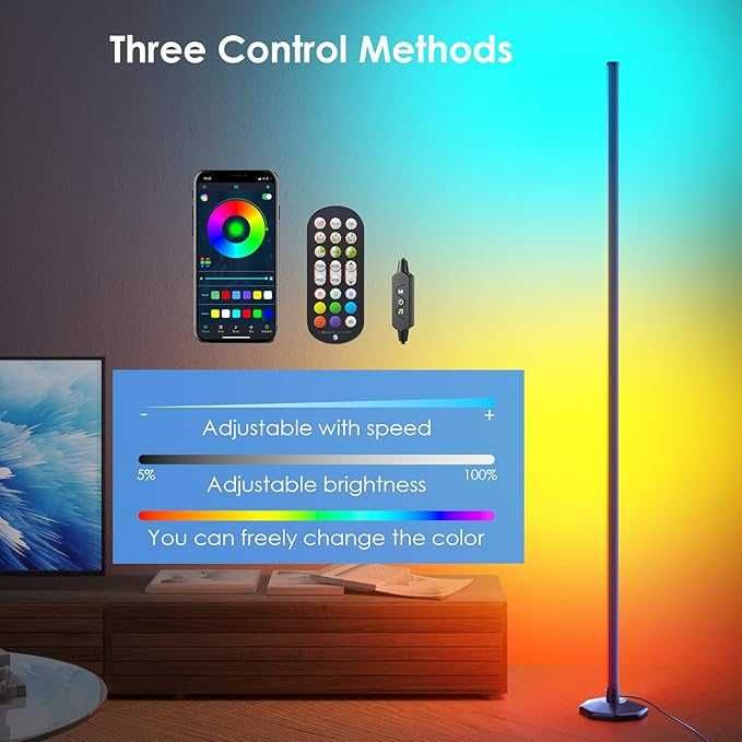 Lampa stojąca RGB LED, 165 cm, ściemniana i zdalnie sterowana