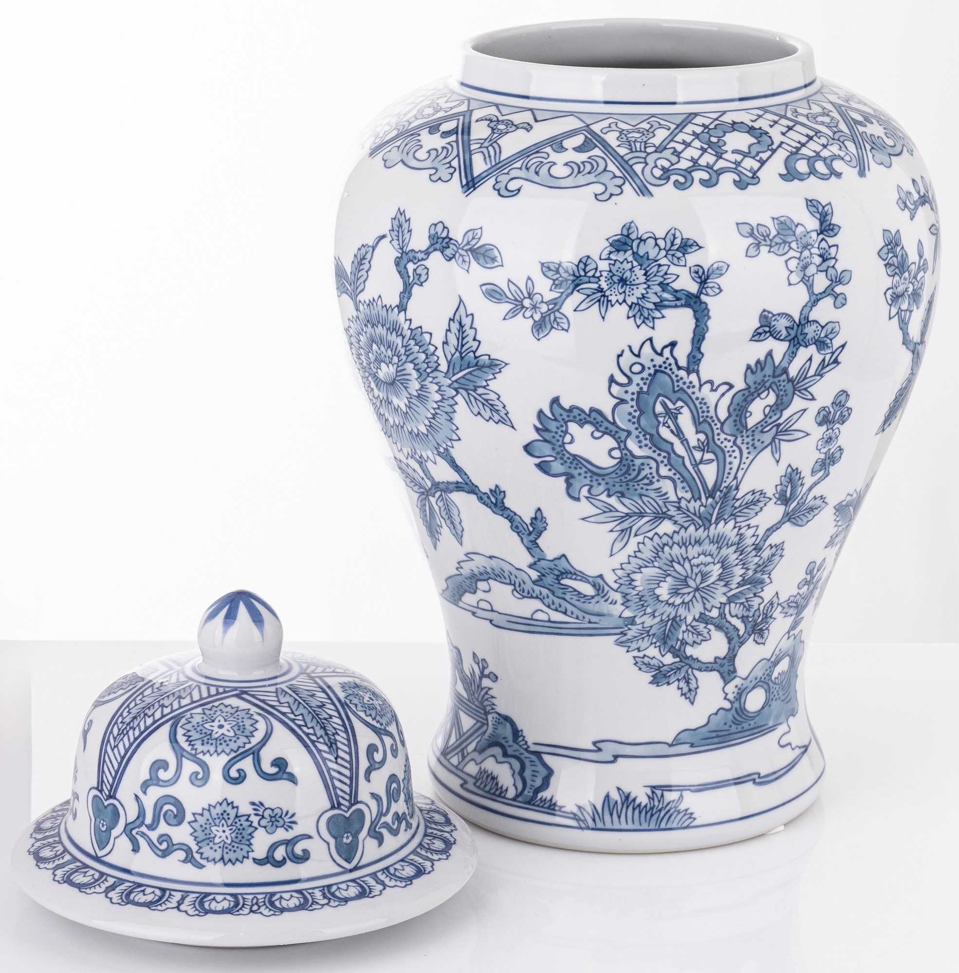 Wysoki biały niebieski pojemnik ceramiczna amfora z przykrywką 166472