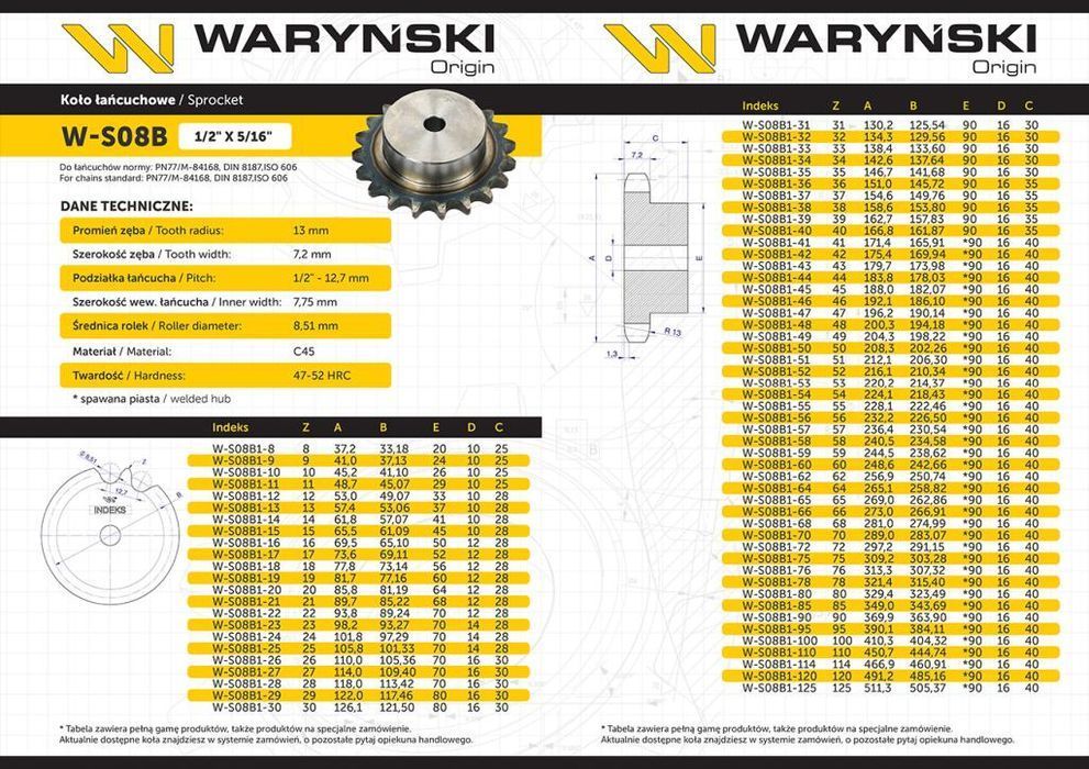 Koło zębate hartowane z kołnierzem 08B-1 (R1 1/2) Z-18 Waryński