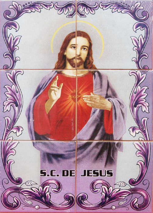 Painel de Azulejos SAGRADO CORAÇÃO JESUS Maria 45x30 cm Quadro Cristo