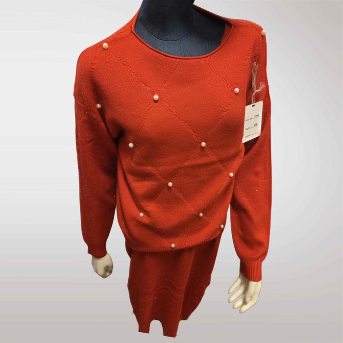 Damski Komplet Swetrowy Sukienka + Sweter Czerwony   S M