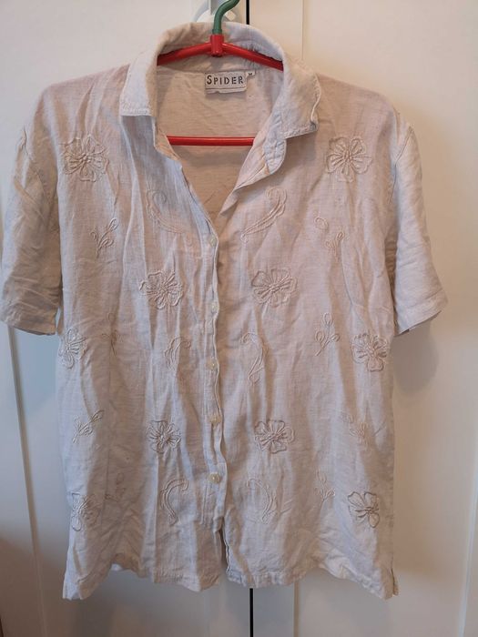 SPIDER luźna koszula vintage z domieszką lnu kremowa r. M / over size