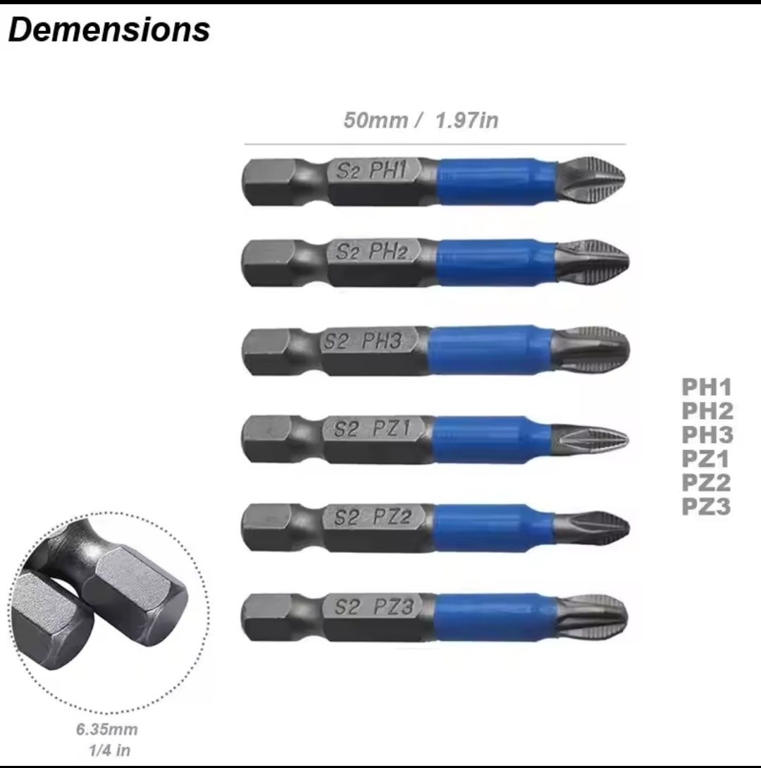 Набор магнитных Бит для шуруповёрта Антискользящие PH 1,2,3 / PZ 1,2,3