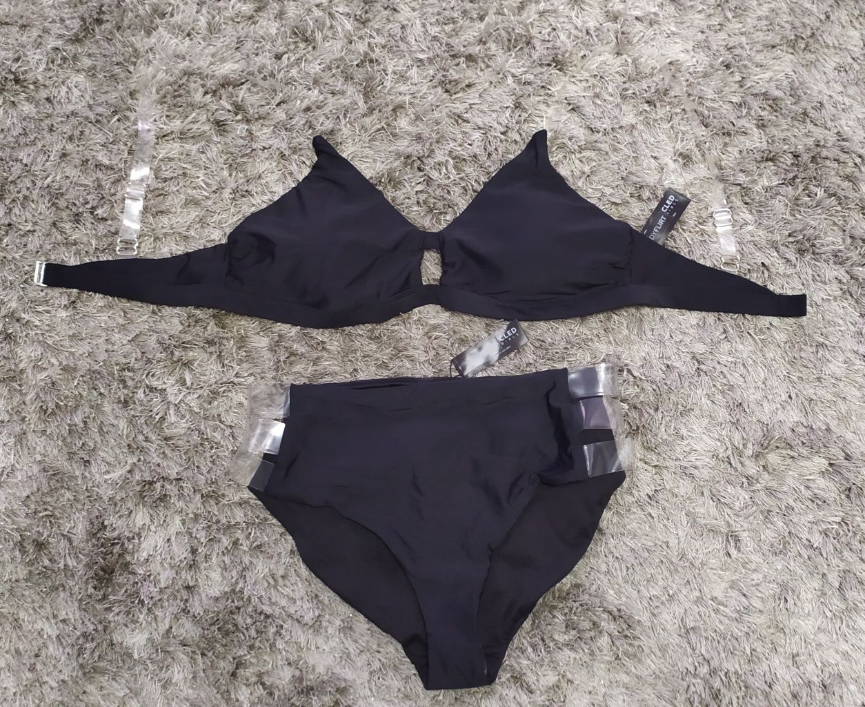 NOWE bikini 2 części r. 40 - czarne/transparentne paski Bpc
