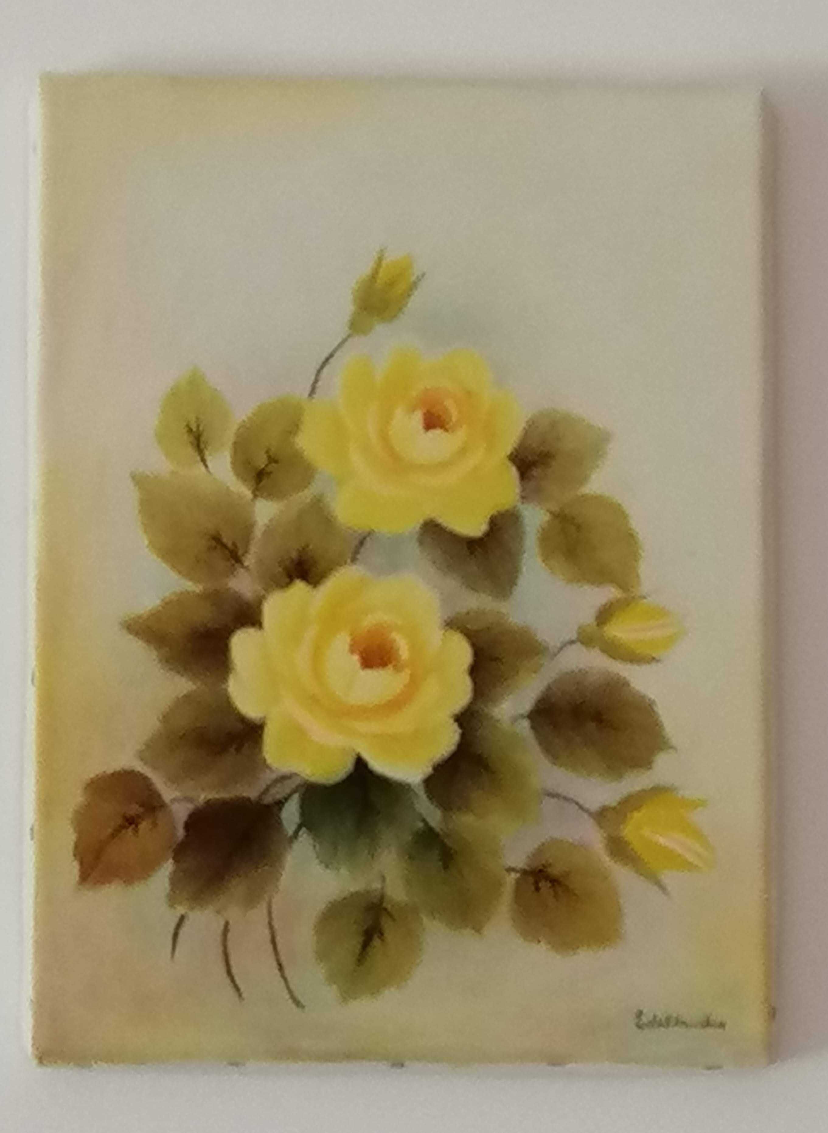 2 Quadros - Pinturas a óleo  s/ tela - rosas amarelas e jarros brancos