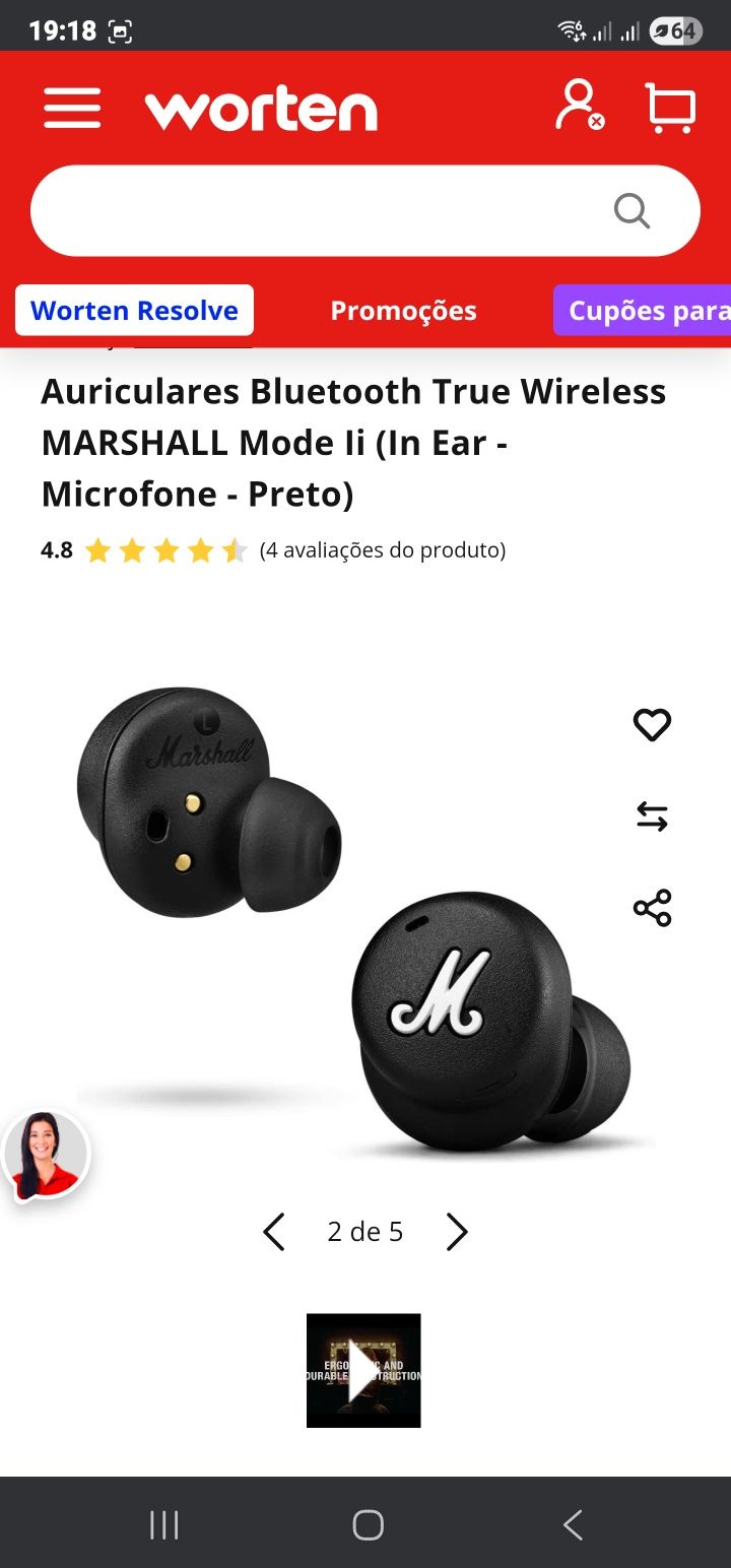 Earphones Marshall Mode 2 na caixa