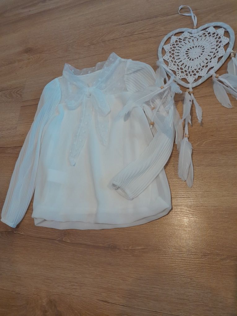 Piękna biała elegancka bluzka wiązana pod szyją 98 104 lat 4