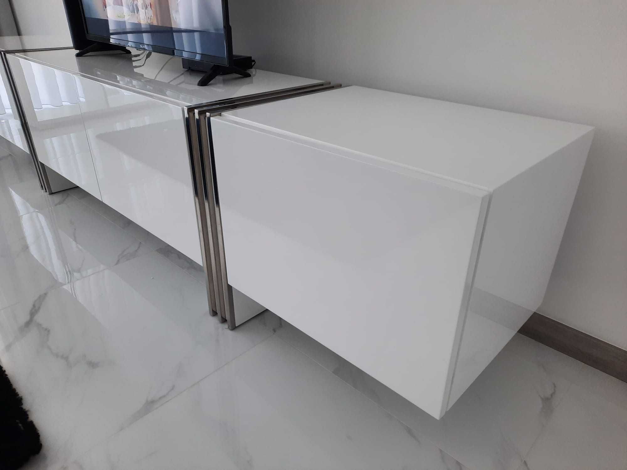 Móvel Tv 4Portas Branco Alto Brilho e Inox Polido