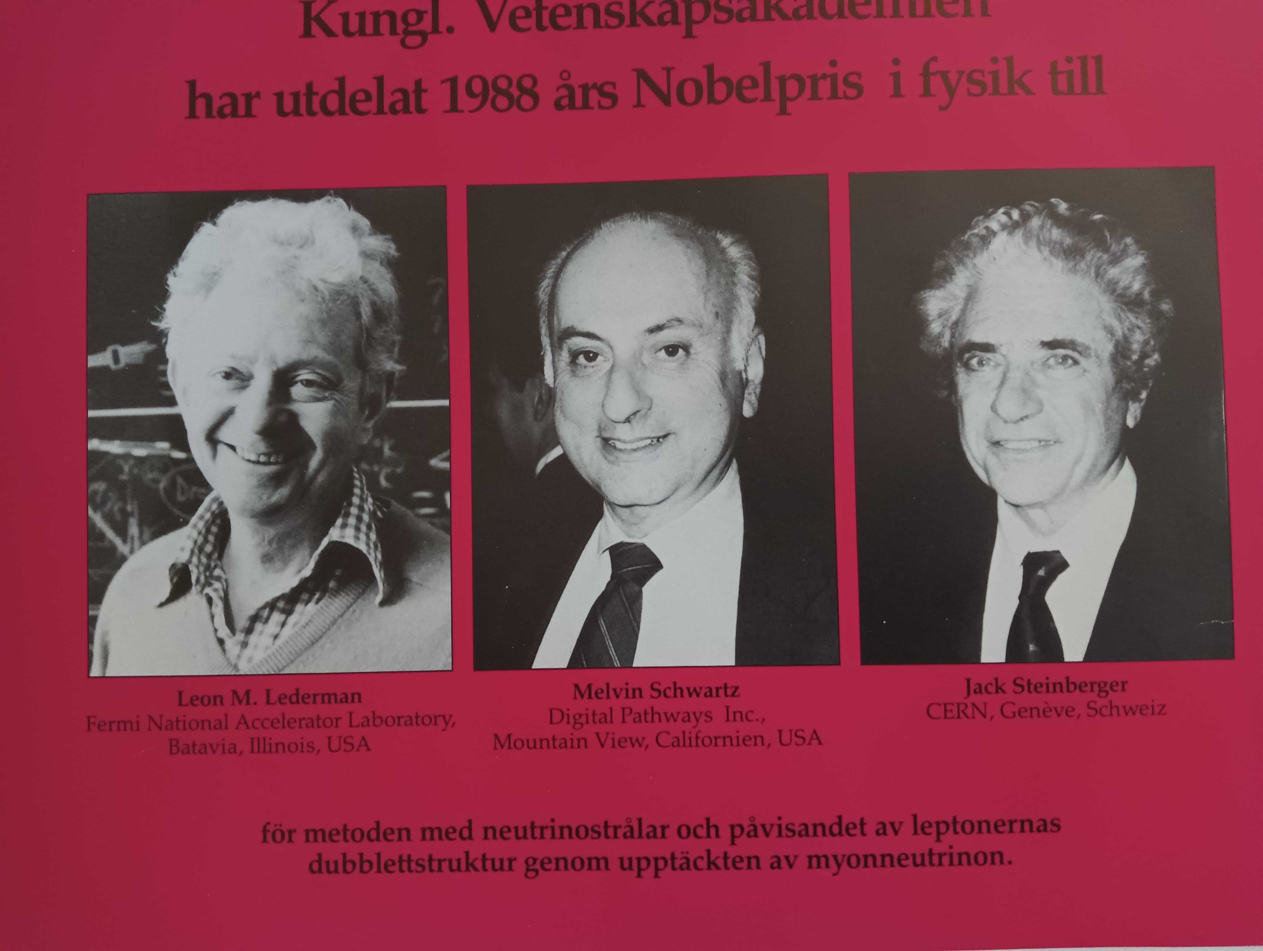 Plakat Nagroda Nobla z fizyki Lederman, Schwartz, Steinberger 1988