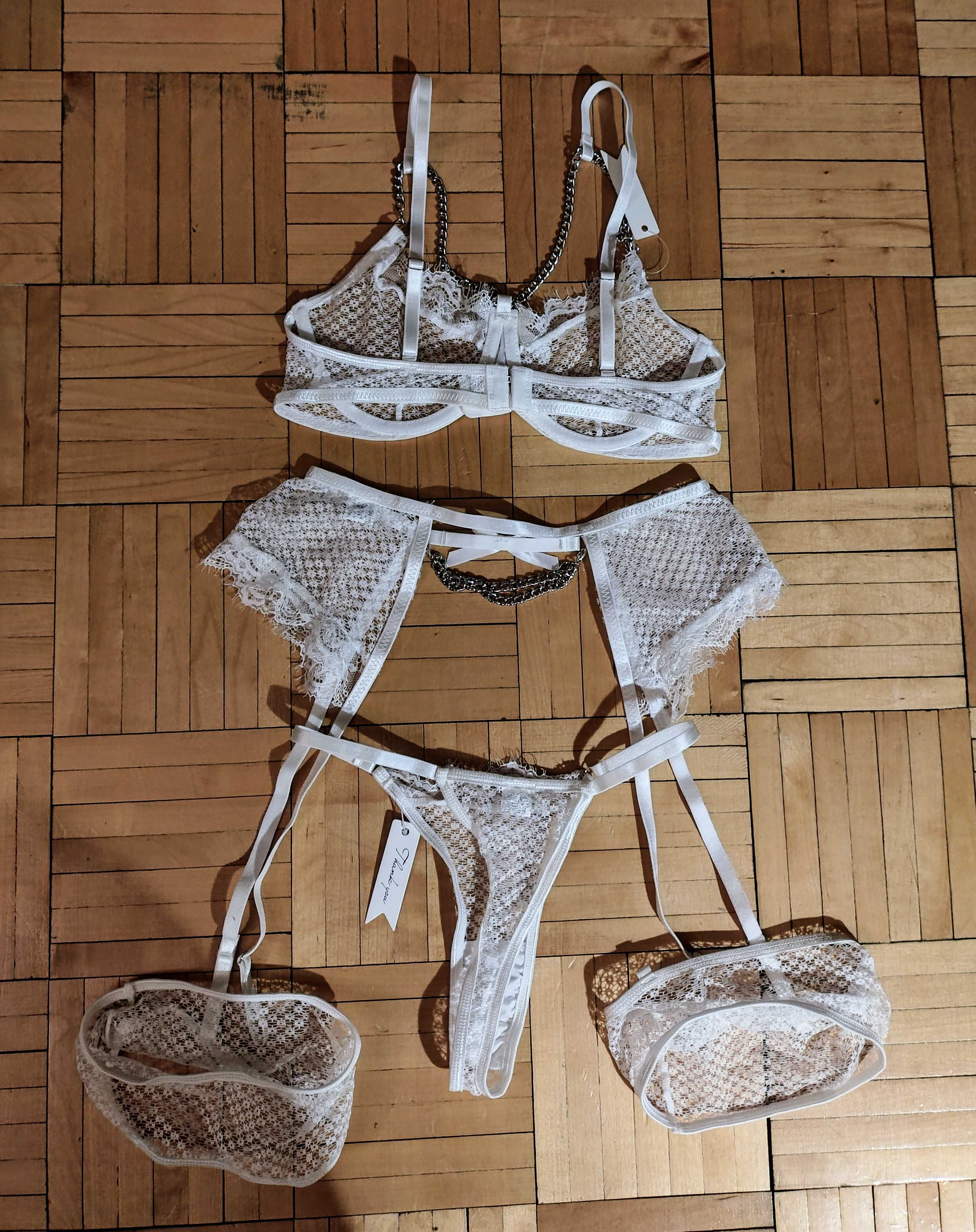 Biała bielizna erotyczna komplet siatka sexi podwiązki prezent kobieta