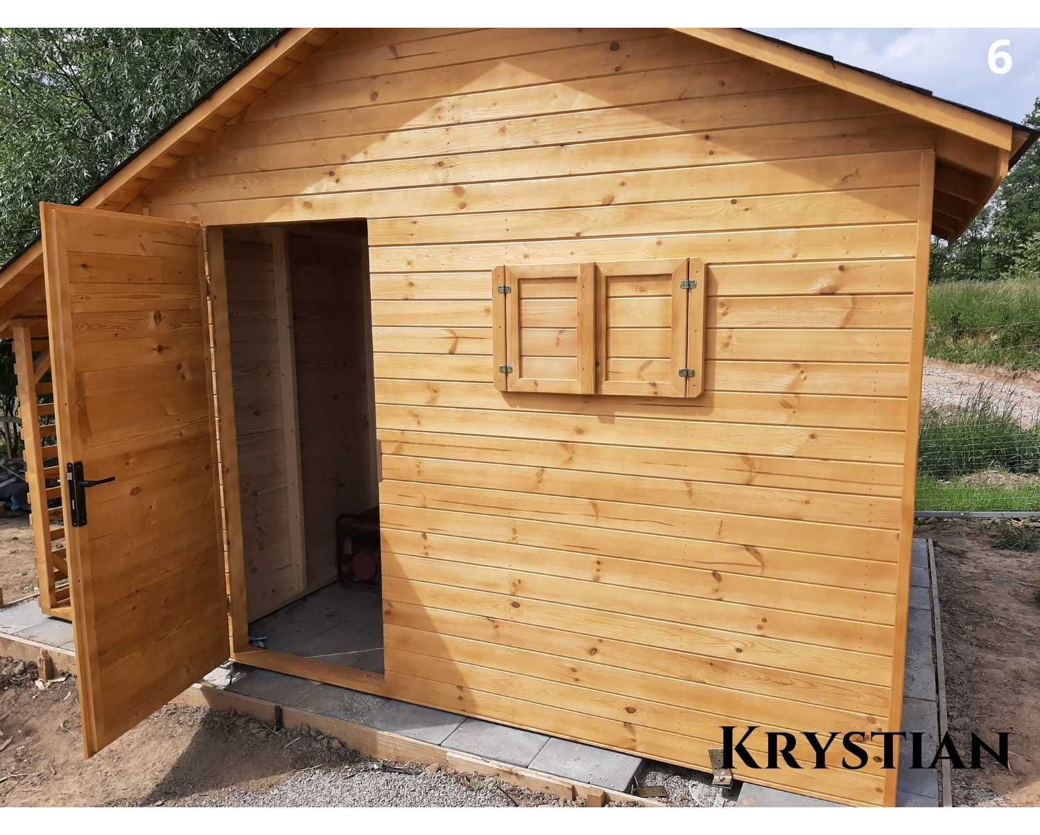 Drewniany domek na narzędzia Krystian. Domek narzędziowy z drewutnią