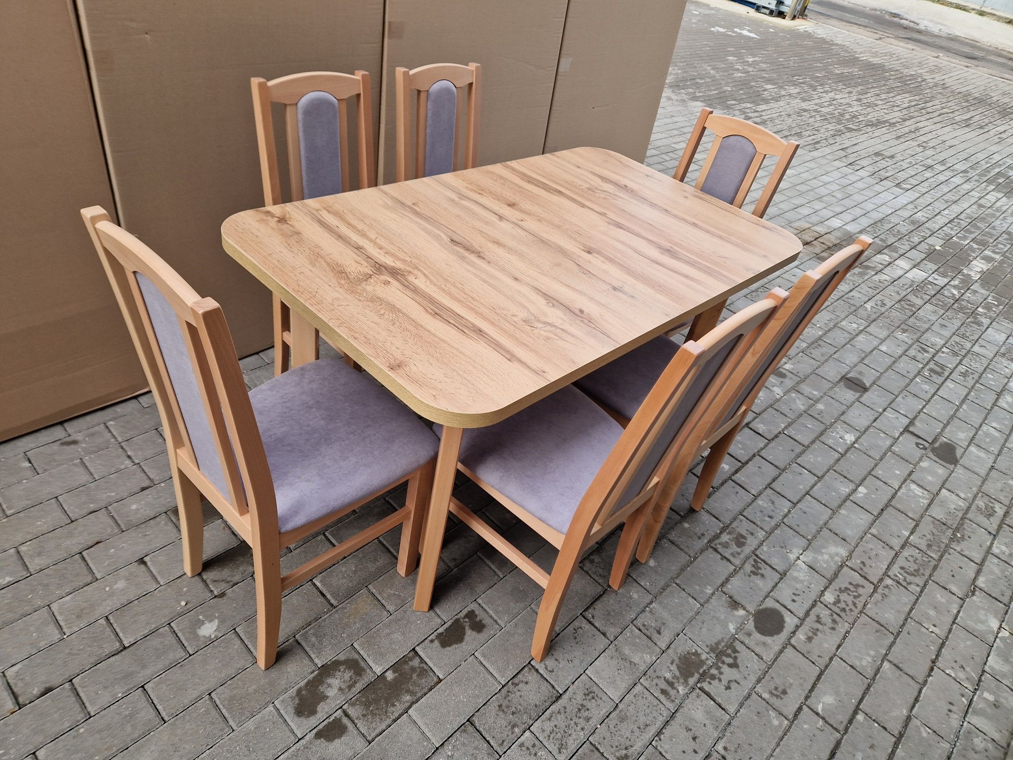 Nowe: Stół rozkładany + 6 krzeseł, buk/wotan + szary, dostawa cała PL