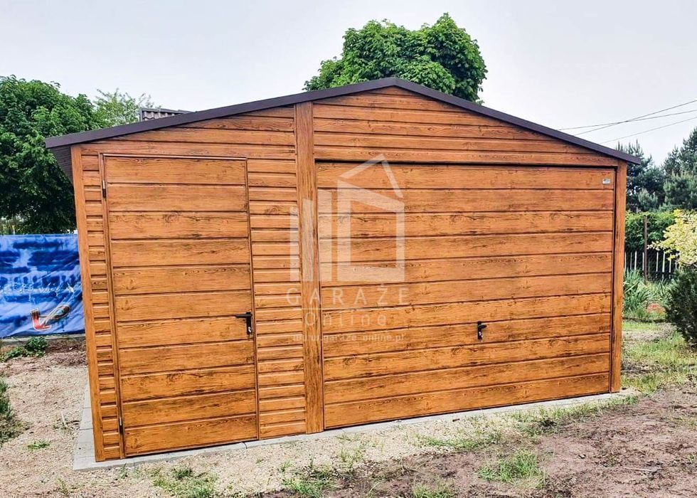 GARAŻ BLASZANY 4,5 x 5 dwuspad Brama + drzwi orzech wolnostojący ID88
