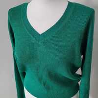 Sweter zielony,dekolt V,metaliczny, monochromatyczny, wiskoza, na świę