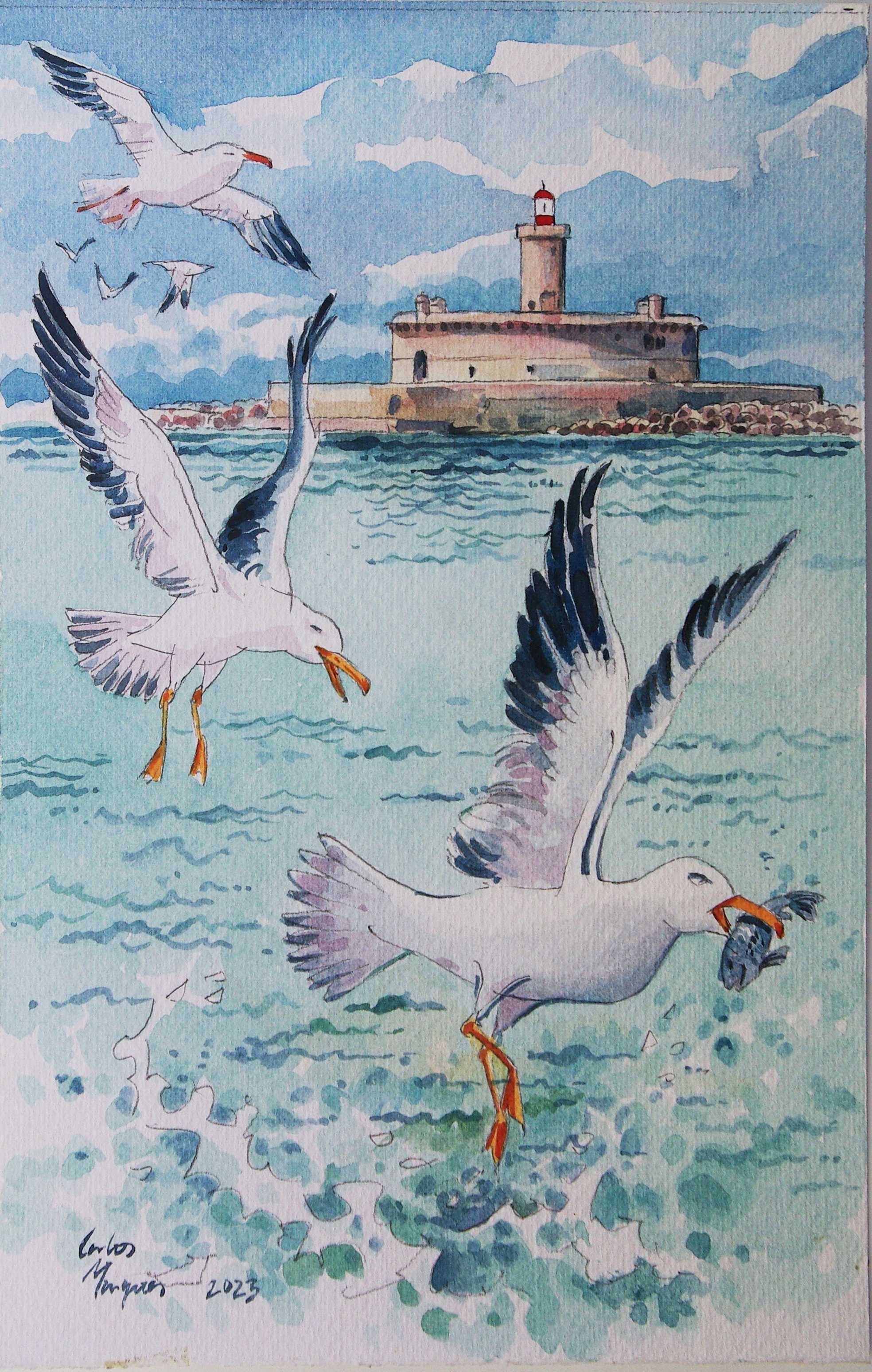 Farol do Bugio com gaivotas. Aguarela original de Carlos Marques.