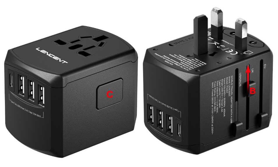 Uniwersalny adapter podróżny LENCENT 3xUSB + USB-C