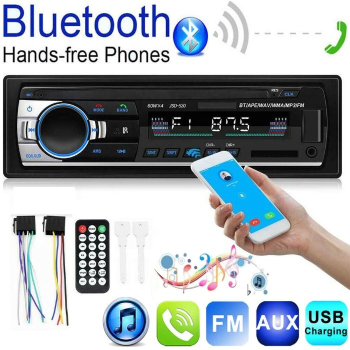 Autorádio com bluetooth, MP3, AUX, SD e USB.