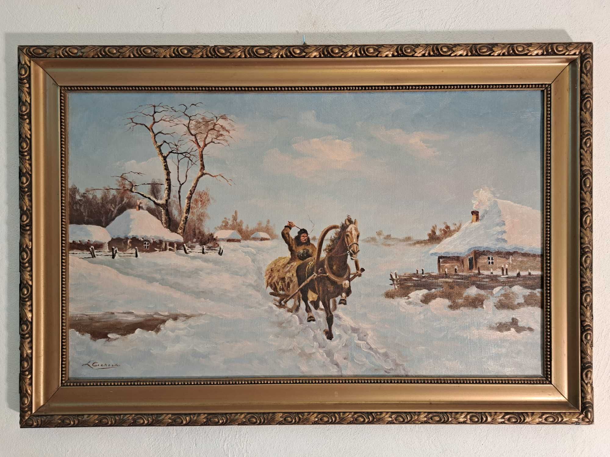 Obraz olejny na płótnie Cichocki sygn koń sanie wóz zima chaty pejzaż