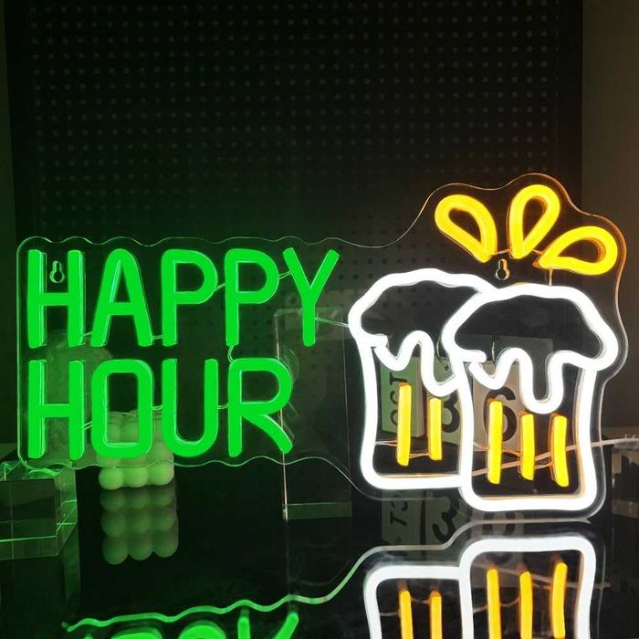 Sinal Luminoso Néon LED em Acrílico Happy Hour Cerveja/ Beer
