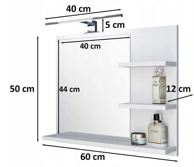Lustro LED z półkami i kinkietem 60x50 cm białe mat łazienkowe