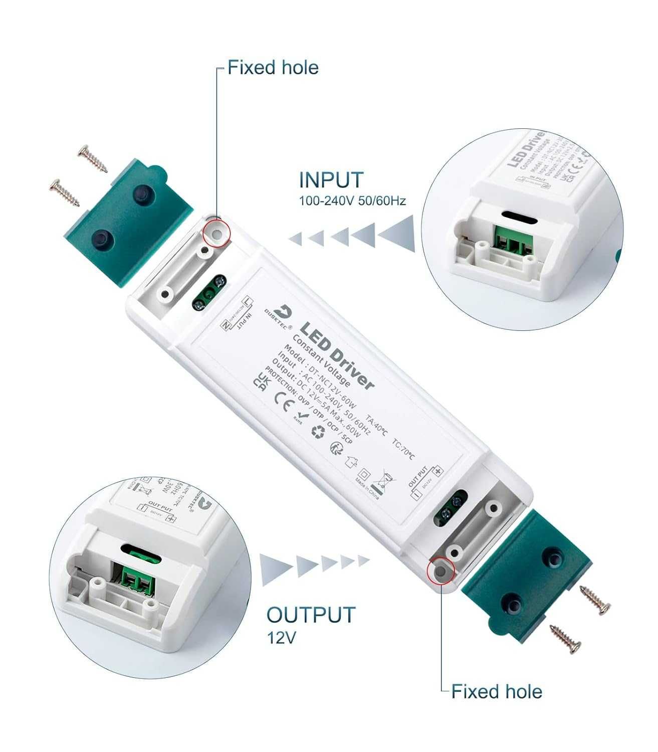 Sterownik LED 12V 60W, zasilacz sieciowy AC 240V do DC 12V 5A, DUSKTEC