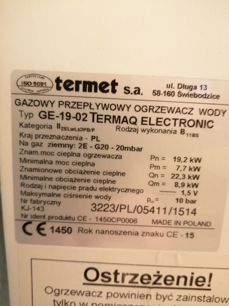 Termet Gazowy ogrzewacz wody TERMA Q ELEKTRONIK GE-19-02