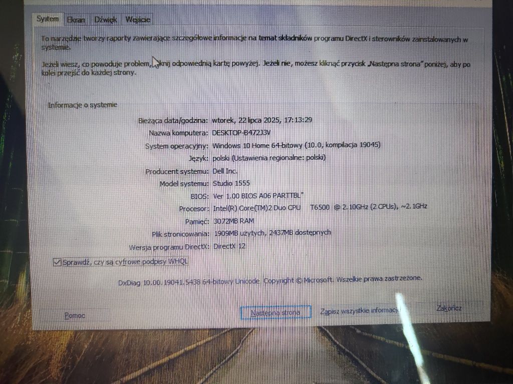 Dell Studio Laptop multimedialny dysk SSD