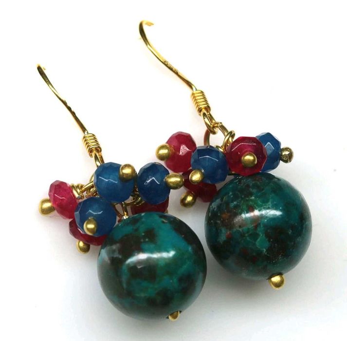 Kolczyki w stylu tajskim - Turkus, Rubin, Szafir - Srebro 925 złocone