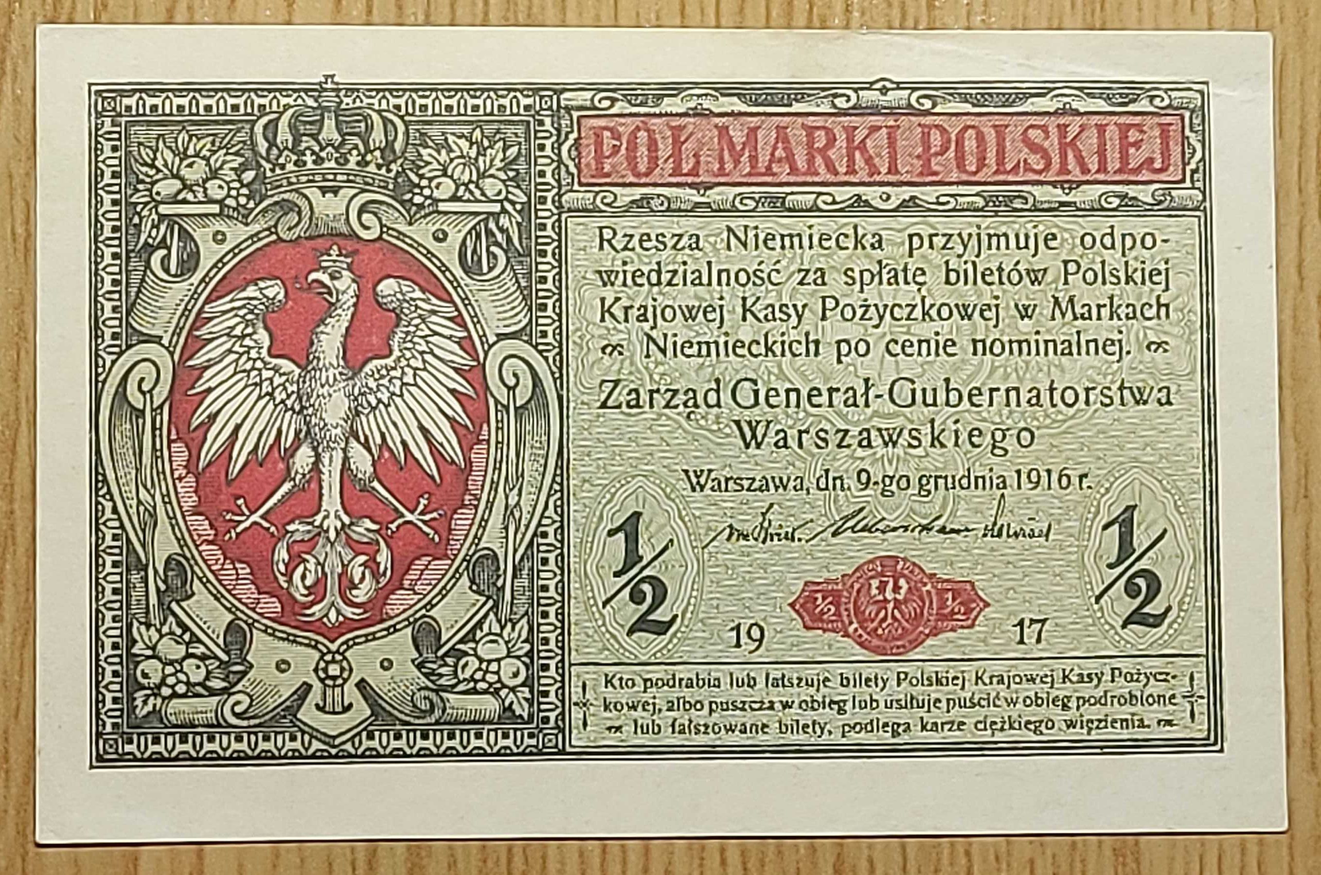 Banknot 1/2 marki polskiej z 1916 roku.Generał.