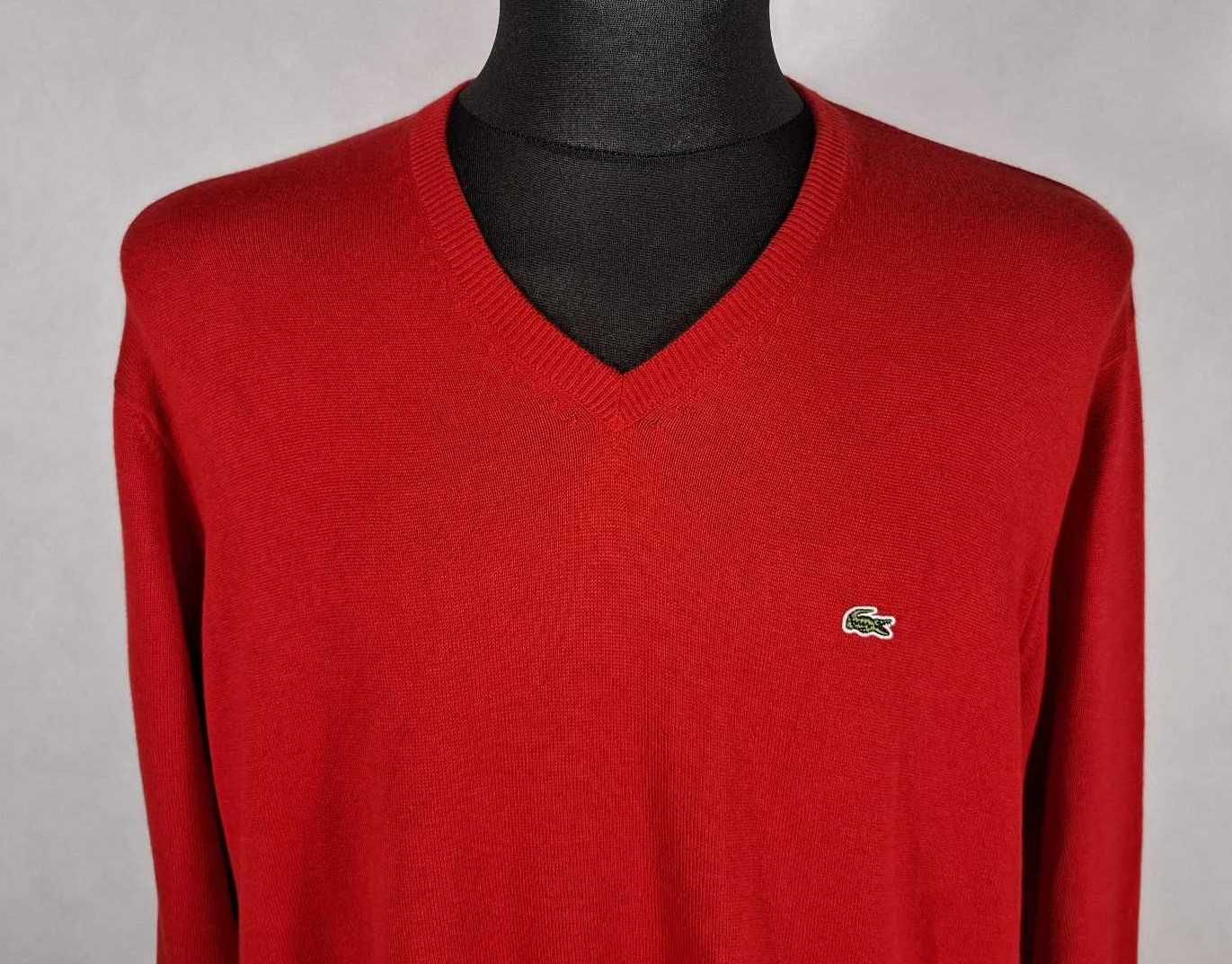 LACOSTE V-neck Sweter Męski Czerwony 7 XL Bawełna 100% Super Stan