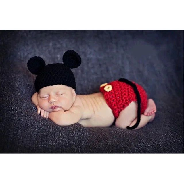 Rekwizyty do sesji zdjęciowej dla noworodka myszka Mickey z włóczki