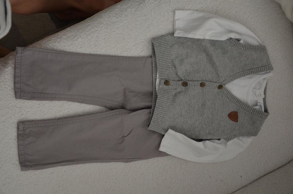 Komplet 3 częściowy elegancki kamizelka spodnie bluzka chrzest r.74