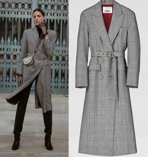 LUX, LIMITOWANA ZARA,100%WEŁNA, Płaszcz z paskiem, KRATA,M