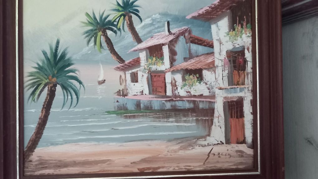 Francuski obraz malowany na płótnie w drewnianej ramie 50 x 41