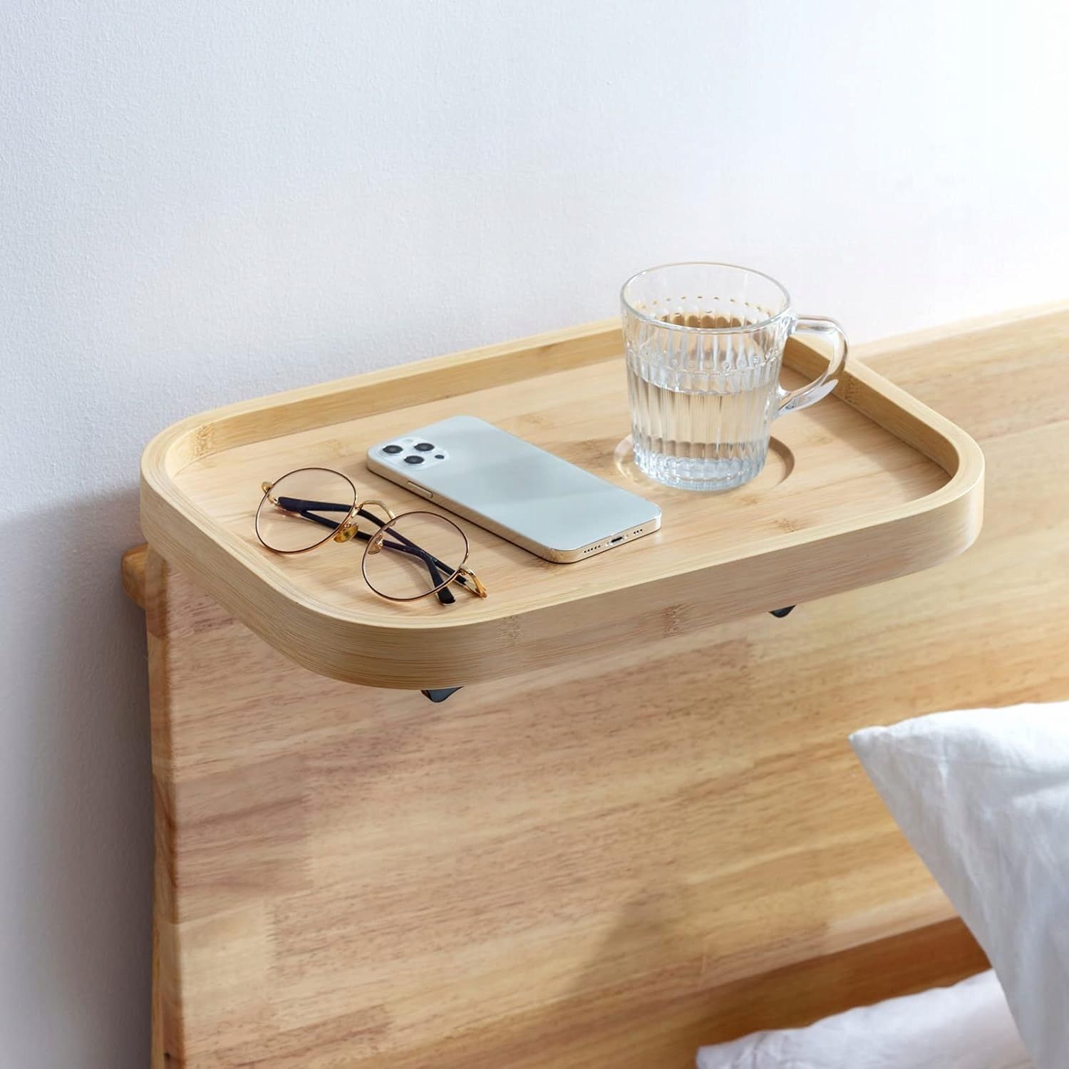 bambusowa taca na łóżko z uchwytem na telefon półka doczepiana