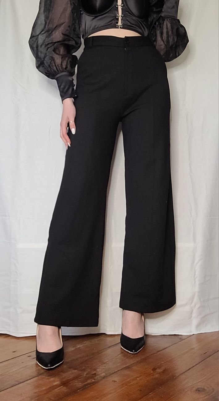 Czarne proste szerokie dzianinowe spodnie wysoki stan 44 XXL