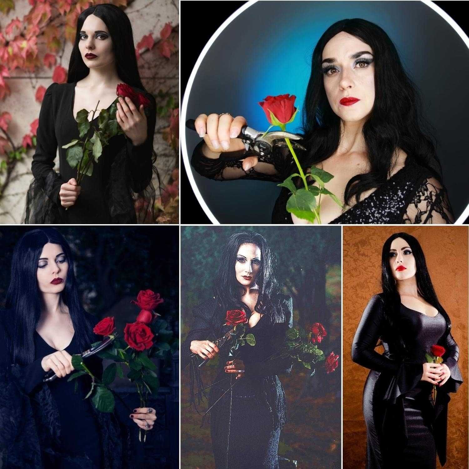 Peruka Czarna ADDAMS Cosplay włosy długie syntetyczne + AKCESORIA