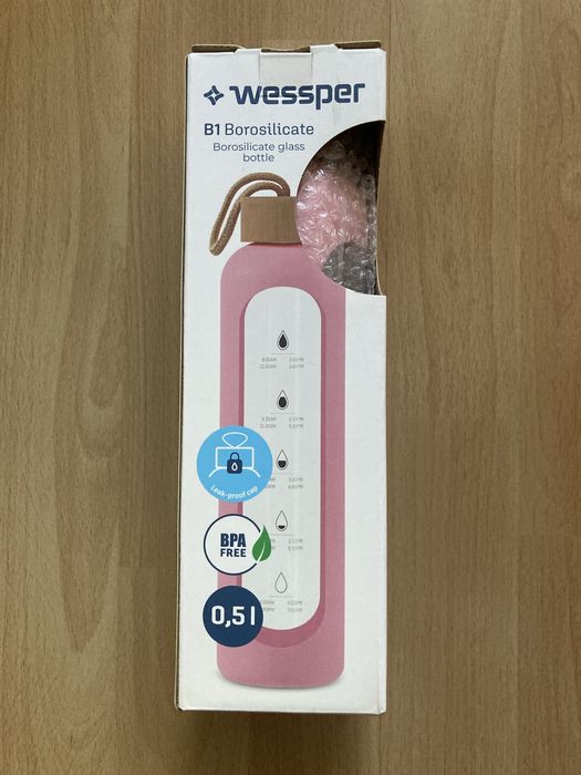 Butelka szklana bidon motywacyjny Wessper 0,5l etui silikonowe różowe