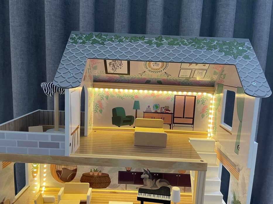 NOWY DUŻY Domek dla lalek drewniany mebelki 78cm oświetlenie LED boho