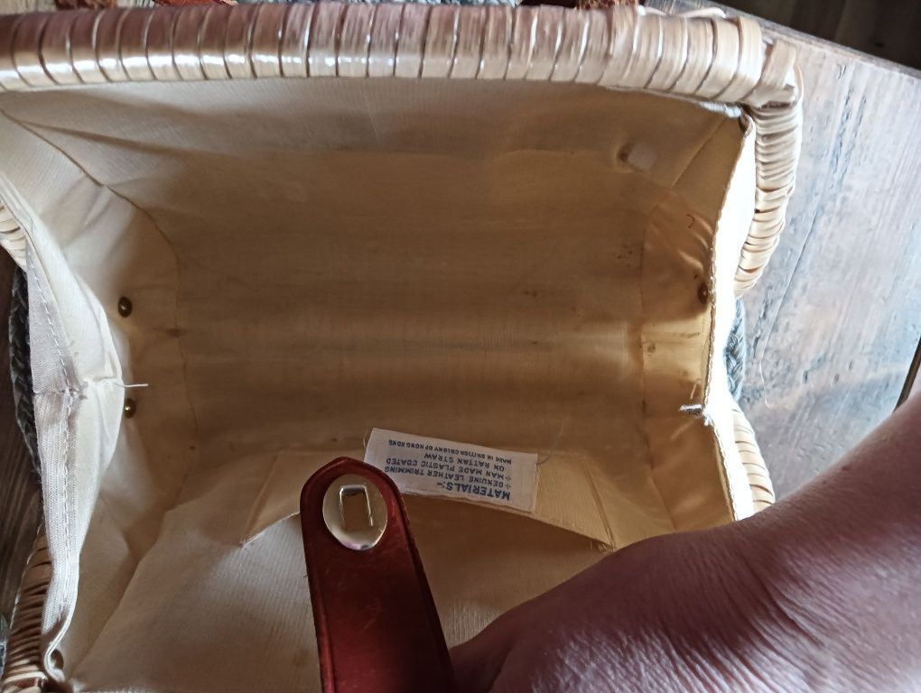 Wiklinowa pleciona torebka koszyk z lat 80 tych skóra retro vintage