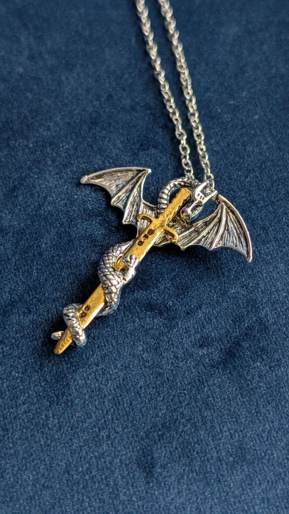 3D кулон на цепочке серебряный летающий дракон золотой меч Dragon