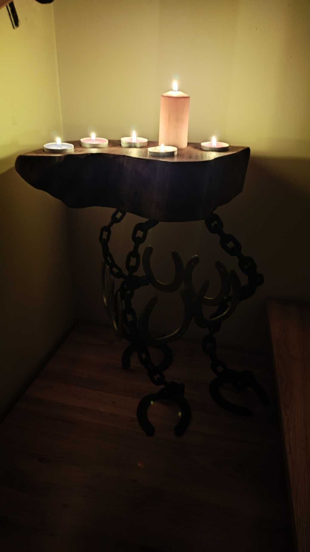 Stolik, świecznik drewniano-metalowy