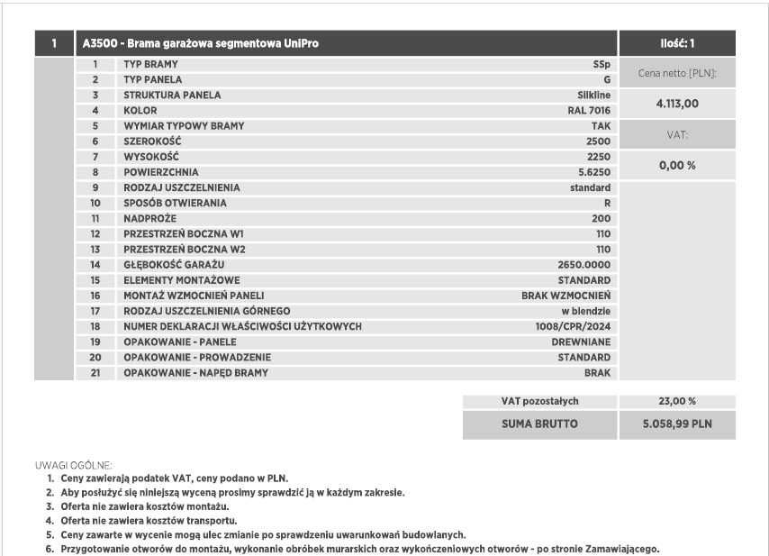 // Brama Segmentowa Garażowa Unipro Wiśniowski 2500x2250 Antracyt //