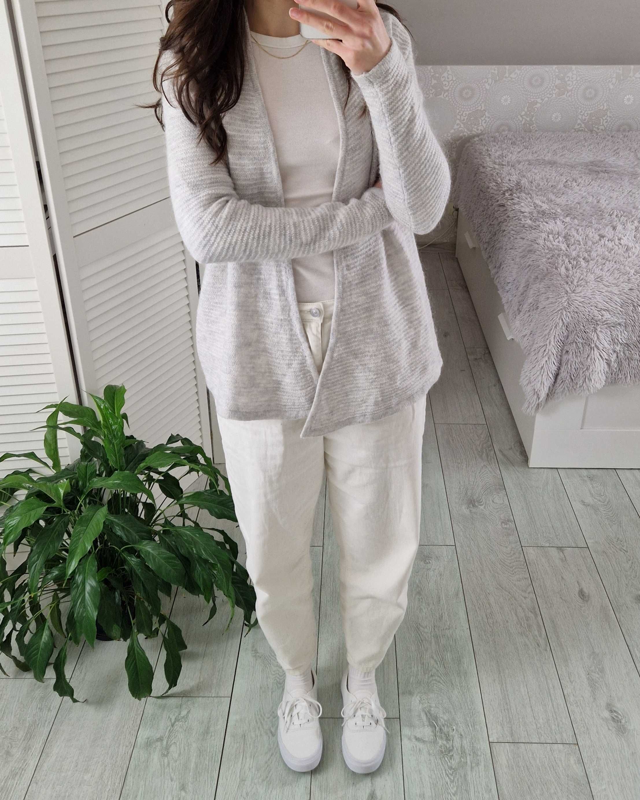 H&M szary kardigan sweter prążkowany 30% moher wełna M