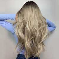 Blond peruka jasny brąz ciemne naturalne pasemka długie gęste włosy
